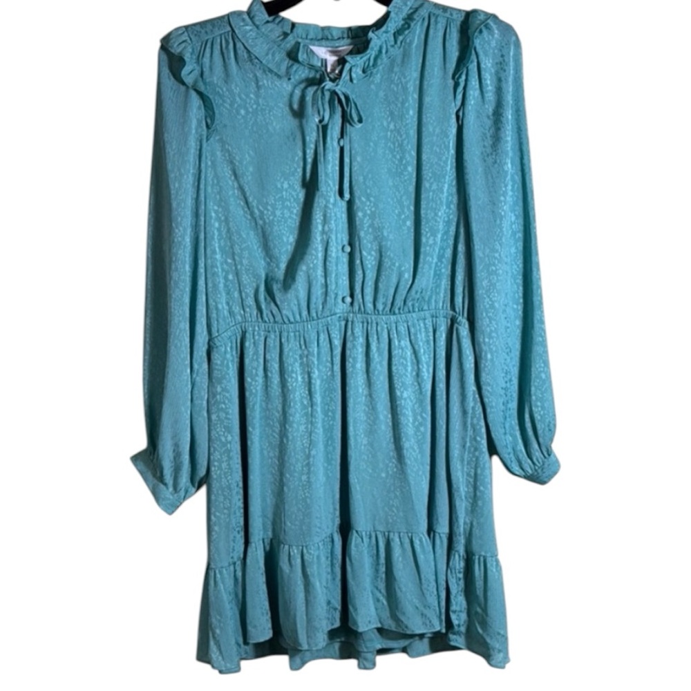 Lauren Conrad Dress Blue Long Sleeve Ruffle Split Neck Midi Sz. XL   NWT‎